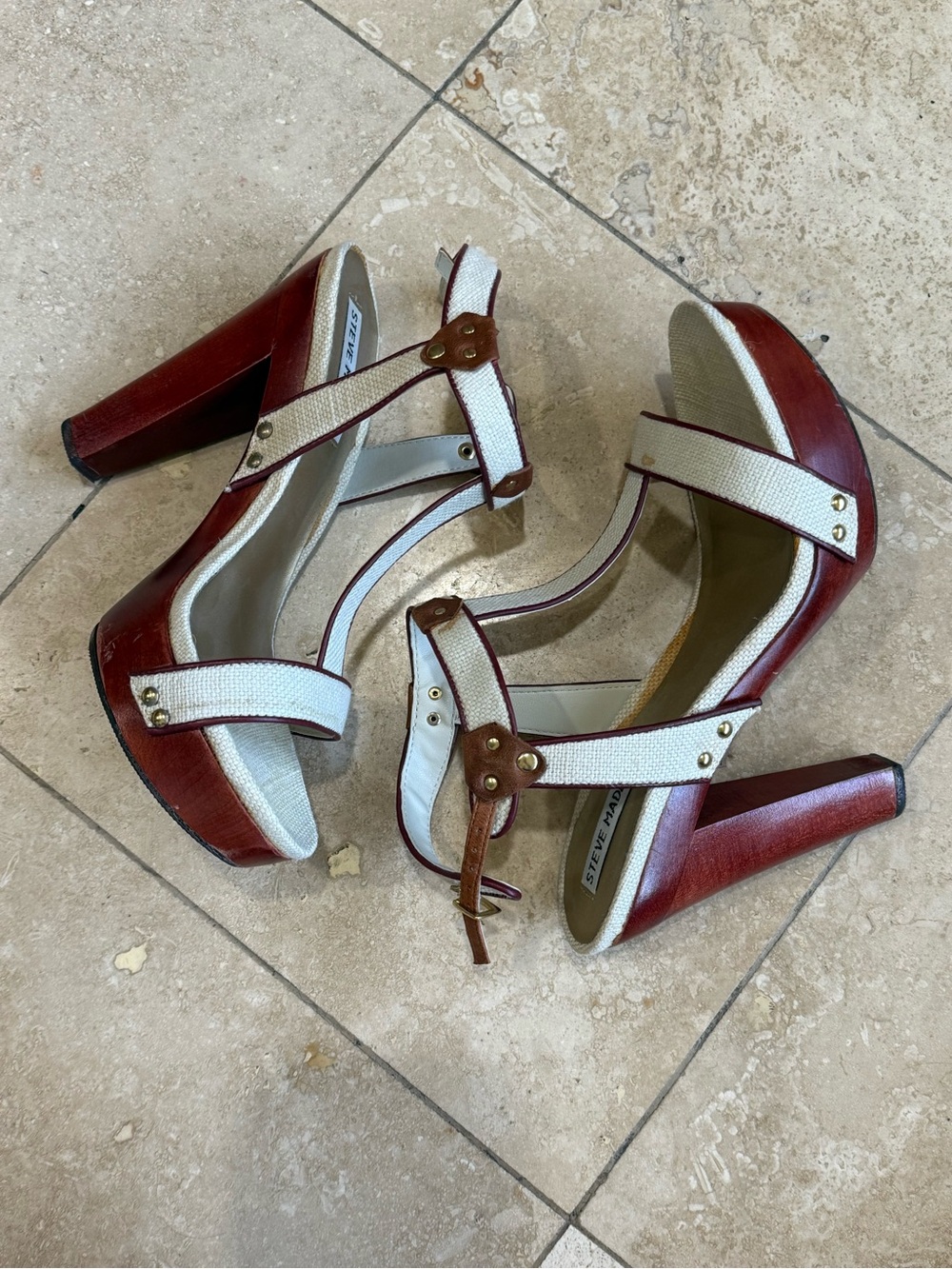 Steve Madden White and Brown Wood-Effect Platform Heels